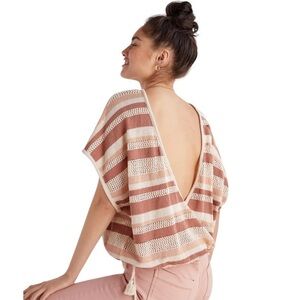 Anthropologie Brown Tan Striped Side Tie Cotton Poncho Top Womens OS
